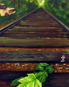a view down old railroad ties painted in oil by artist Stacey Pilkington-Smith.