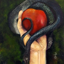 a woman's hand holding a red apple with a snake entwining them both painted in oil by artist Stacey Pilkington-Smith.