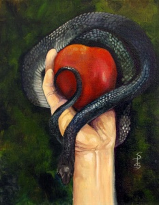 a woman's hand holding a red apple with a snake entwining them both painted in oil by artist Stacey Pilkington-Smith.