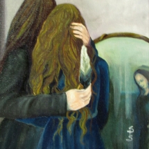 two woman facing a mirror, with one holding a feather painted in oil by artist Stacey Pilkington-Smith.