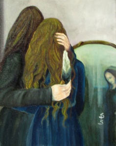 two woman facing a mirror, with one holding a feather painted in oil by artist Stacey Pilkington-Smith.