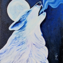 oil painting of a white wolf howling at the moon in blue by artist Stacey Pilkington-Smith.