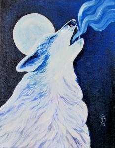oil painting of a white wolf howling at the moon in blue by artist Stacey Pilkington-Smith.
