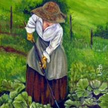 Appalachian woman in a hat hoeing lettuce painted in oil by artist Stacey Pilkington-Smith.