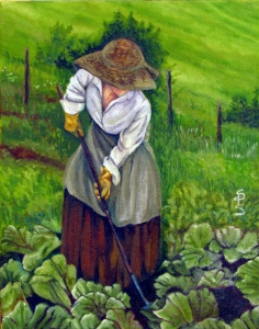 Appalachian woman in a hat hoeing lettuce painted in oil by artist Stacey Pilkington-Smith.