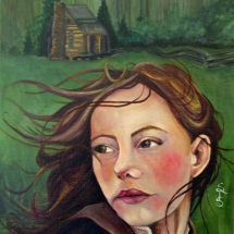 A young woman looking back at a log cabin at the edge of a clearing in the woods painted in oil by artist Stacey Pilkington-Smith.