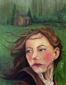 A young woman looking back at a log cabin at the edge of a clearing in the woods painted in oil by artist Stacey Pilkington-Smith.