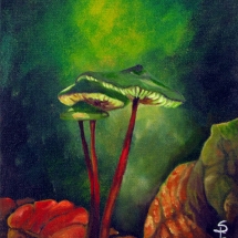 Green glowing mushrooms painted in oil by artist Stacey Pilkington-Smith.