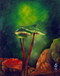 Green glowing mushrooms painted in oil by artist Stacey Pilkington-Smith.