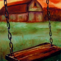 old wooden swing on chains in fromt of a barn painted in oil by artist Stacey Pilkington-Smith.