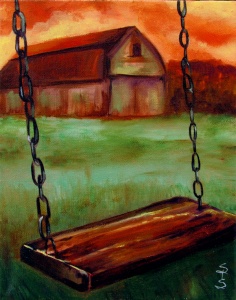 old wooden swing on chains in fromt of a barn painted in oil by artist Stacey Pilkington-Smith.