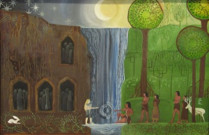 two groups of people meeting at a central waterfall painted in oil by artist Stacey Pilkington-Smith.
