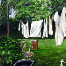 laundry hanging on a clothes line painted in oil by artist Stacey Pilkington-Smith.