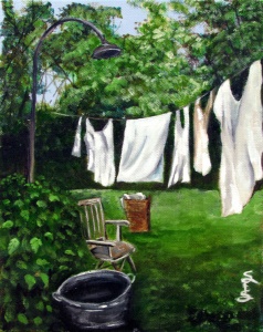 laundry hanging on a clothes line painted in oil by artist Stacey Pilkington-Smith.