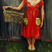 neck-down view of a woman holding a basket wearing a red dress with a lace collar painted in oil by artist Stacey Pilkington-Smith.