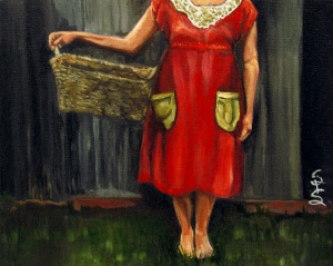 neck-down view of a woman holding a basket wearing a red dress with a lace collar painted in oil by artist Stacey Pilkington-Smith.