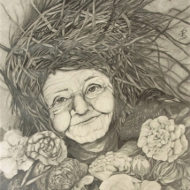 an old woman with a crown of twigs surrounded by flowers rendered in graphite by artist Stacey Pilkington-Smith.