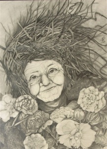 an old woman with a crown of twigs surrounded by flowers rendered in graphite by artist Stacey Pilkington-Smith.