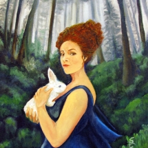 a woman in the wooded clearing holding a white rabbit painted in oil by artist Stacey Pilkington-Smith.