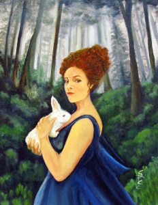 a woman in the wooded clearing holding a white rabbit painted in oil by artist Stacey Pilkington-Smith.