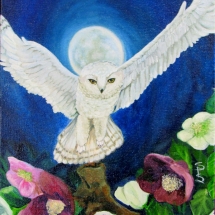 oil painting of a white owl howling against the moon by artist Stacey Pilkington-Smith.