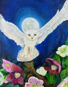 oil painting of a white owl howling against the moon by artist Stacey Pilkington-Smith.