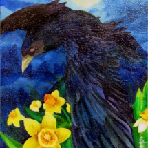 a black bird against the moon flying over yellow flowers painted in oil by artist Stacey Pilkington-Smith.