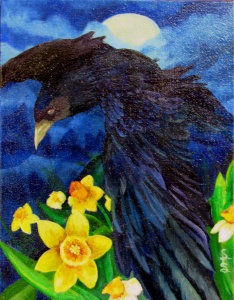 a black bird against the moon flying over yellow flowers painted in oil by artist Stacey Pilkington-Smith.