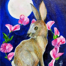 a brown hare under a full moon flying among pink flowers painted in oil by artist Stacey Pilkington-Smith.