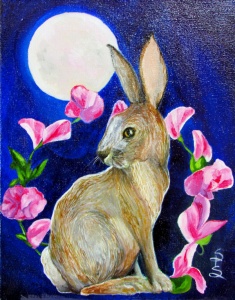a brown hare under a full moon flying among pink flowers painted in oil by artist Stacey Pilkington-Smith.