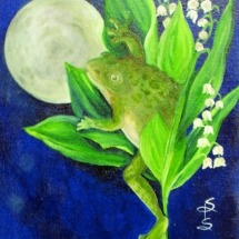 a green frog under a full moon flying among white flowers painted in oil by artist Stacey Pilkington-Smith.