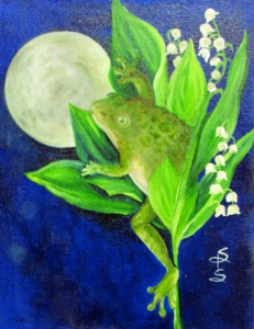 a green frog under a full moon flying among white flowers painted in oil by artist Stacey Pilkington-Smith.