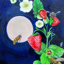 honey bees under a full moon flying among strawberries painted in oil by artist Stacey Pilkington-Smith.