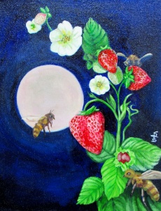 honey bees under a full moon flying among strawberries painted in oil by artist Stacey Pilkington-Smith.