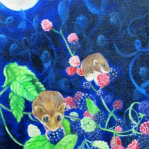 mice under a full moon flying eating blackberries painted in oil by artist Stacey Pilkington-Smith.