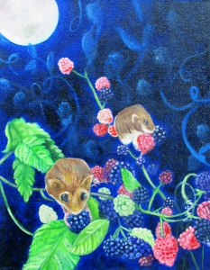 mice under a full moon flying eating blackberries painted in oil by artist Stacey Pilkington-Smith.