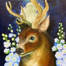 deer under a full moon flying among white flowers painted in oil by artist Stacey Pilkington-Smith.