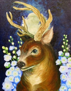 deer under a full moon flying among white flowers painted in oil by artist Stacey Pilkington-Smith.
