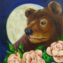 bear under a full moon flying among pink flowers painted in oil by artist Stacey Pilkington-Smith.