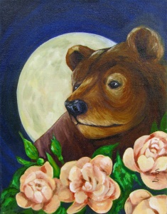 bear under a full moon flying among pink flowers painted in oil by artist Stacey Pilkington-Smith.