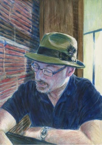 35 Lori McAdams, At the Coffee Shop, scratchboard, color inks