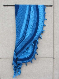 Blue striped shawl with dagged fringe by artist Chris Dunlap.