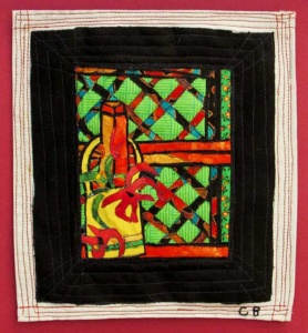 Quilt collage of window scene with trellis and potted flower by artist Constance Buchanan.