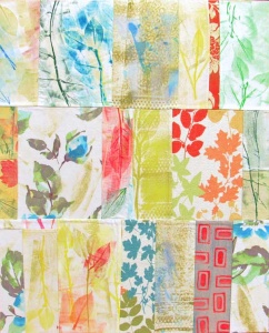 Floral Landscape hand printed fabric collage by artist Maura Bosbyshell.