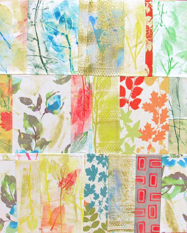 Maura Bosbyshell, Floral Landscape, hand printed fabric collage