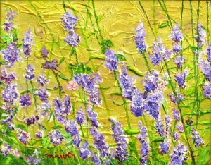 acrylic of lavendar flowers against a gold-yellow background.