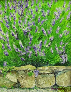 acrylic painting of lavendar flowers near a stone wall.