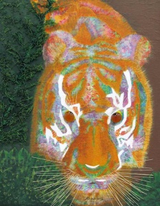 acrylic painting of a tiger against green background.