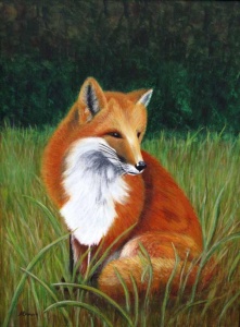 acrylic painting of a fox amomng green grass.