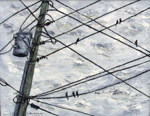 24 acrylic painting of birds on telephone wires.
